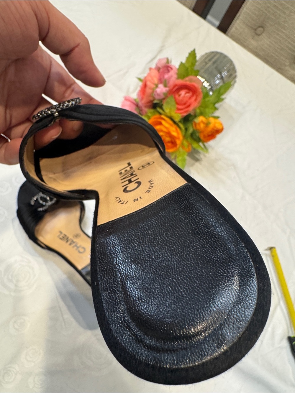 Authentic CHANEL Black Satin Crystal CC Logo Mule Heels - Picture 4 of 9